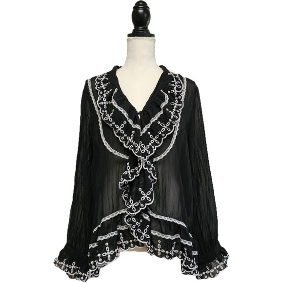 NY Collection Tops - NY Collection Black Ruffle Sheer Blouse with White Embroidery